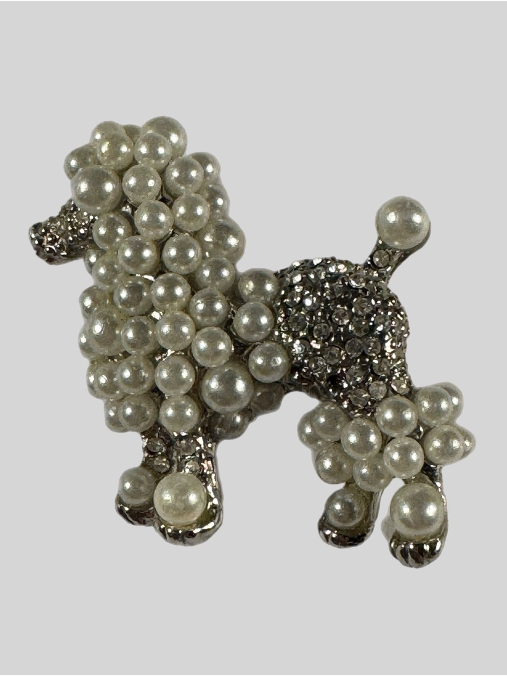 Pearl Rhinestone Poodle Brooch Pin Silver Tone Dog Figural Tested Sold As Is FUC